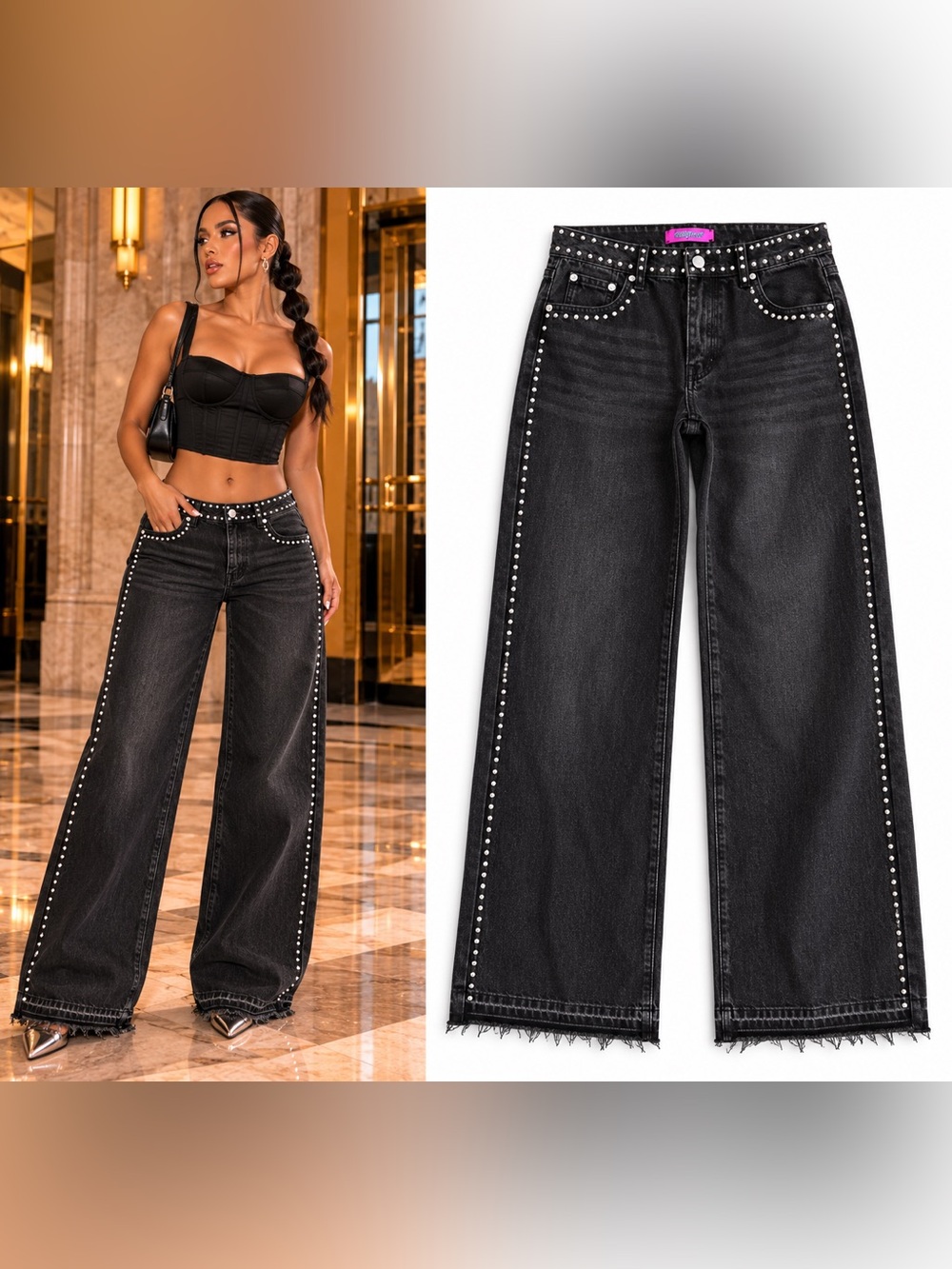 Edikted Quincy Studded Low Rise Baggy Jeans Black Acid Wash Wide Leg Y2K S